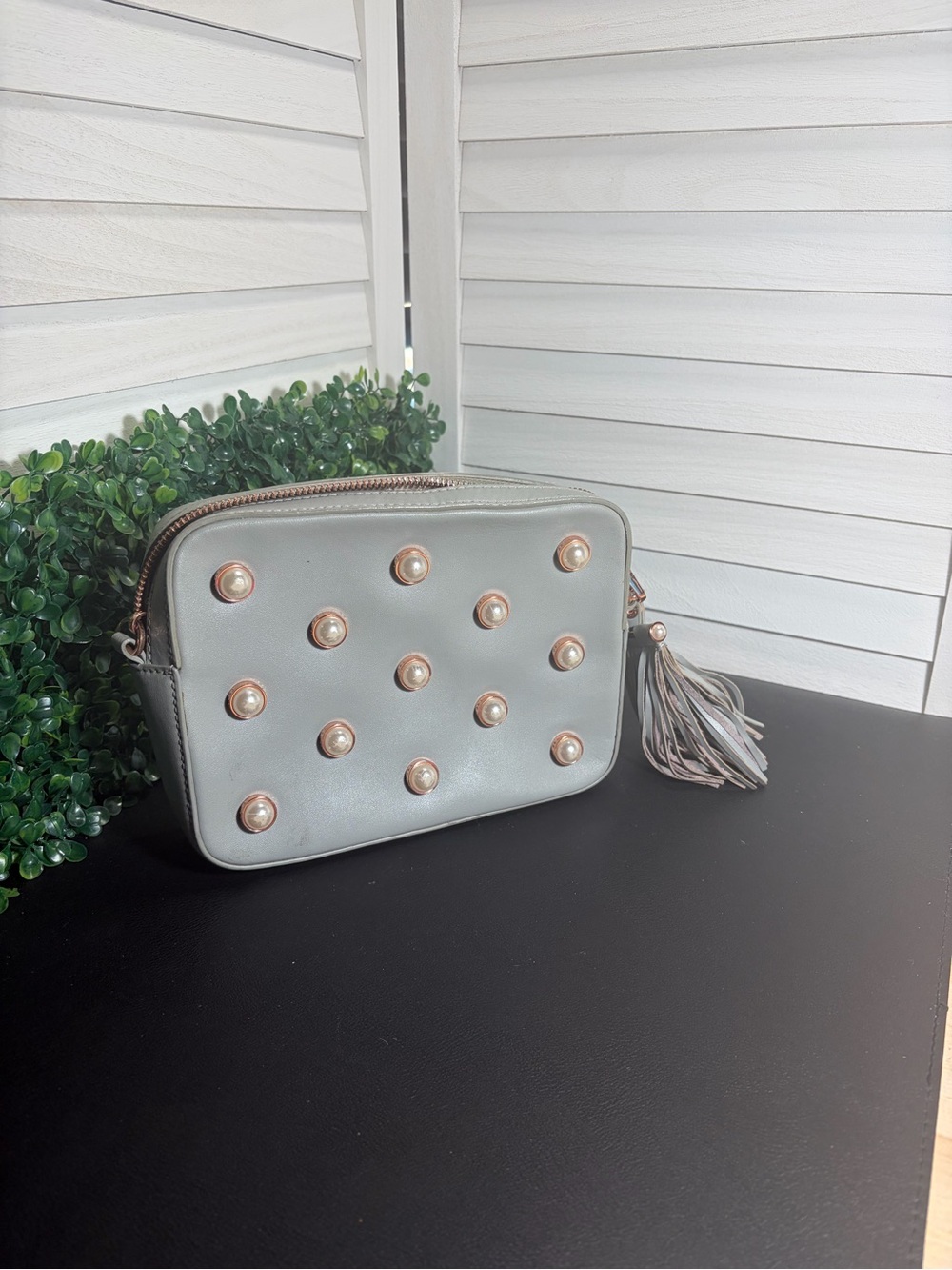 Ted Baker London Gray Leather Alessia Pearl Embellished Crossbody Camera Bag